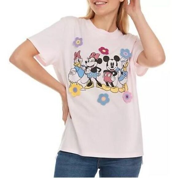 Disney Women's Pink Mickey & Friends 3D Crocheted Floral T-Shirt - Picture 1 of 10
